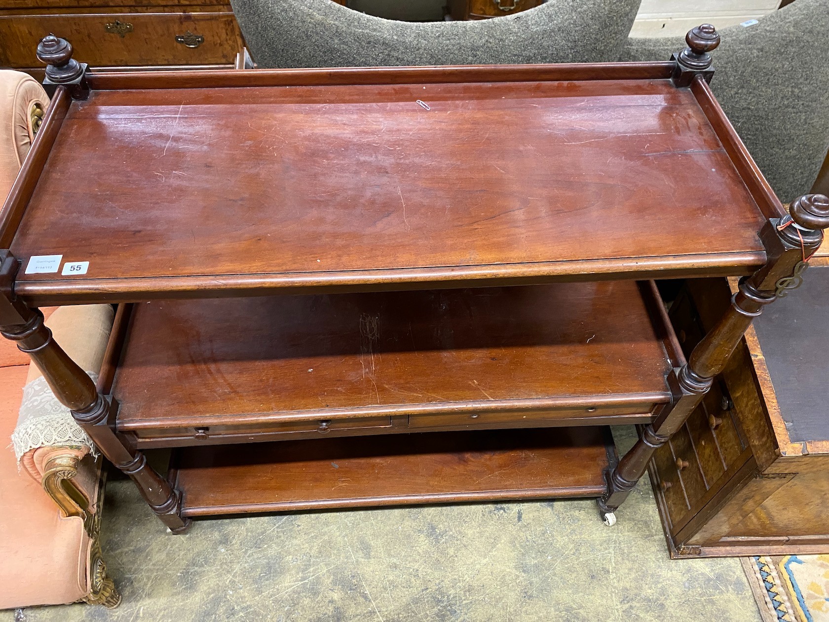 A Victorian mahogany three tier buffet, length 115cm, depth 49cm, height 112cm